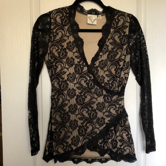 2 for $25 Faux wrap cream and black laced blouse - Picture 1 of 1